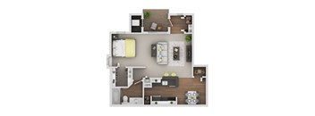 A top-down view of a small apartment with a kitchen, living room, and bathroom.