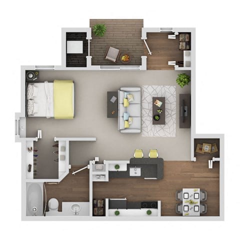 A top-down view of a small apartment with a kitchen, living room, and bathroom.