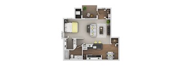 A top-down view of a small apartment with a kitchen, living room, and bathroom.