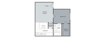 A floor plan of a small apartment with a living room, bedroom, kitchen, and bathroom.