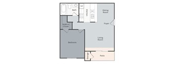 A floor plan of a home showing a bedroom, bathroom, kitchen, dining room, living room, and patio.