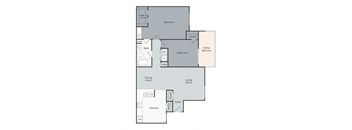 A floor plan of a house with a living room, dining room, kitchen, and two bedrooms.