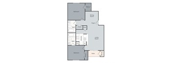 A floor plan of a house with two bedrooms, a living room, a dining room, a kitchen, a bathroom, a pantry, a walk-in closet, an HVAC unit, a fireplace, and a
