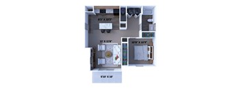 A floor plan of a small apartment with a kitchen, living room, and bedroom.