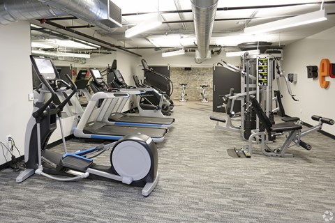 A gym with treadmills, elliptical machines, and other exercise equipment.