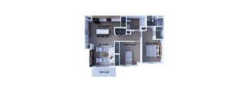 A floor plan of a house with a living room, kitchen, and two bedrooms.