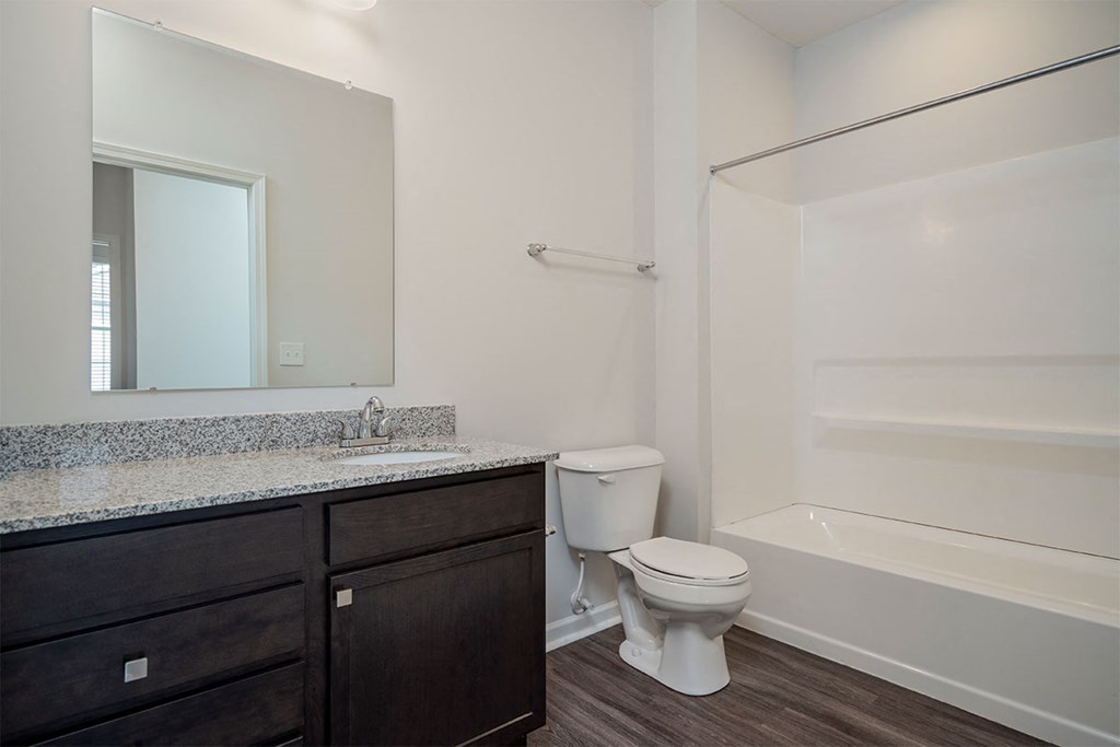 a bathroom with a toilet sink and shower and a mirror