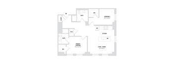 A floor plan of a house with a living room, two bedrooms, a bathroom, a kitchen, and a closet.