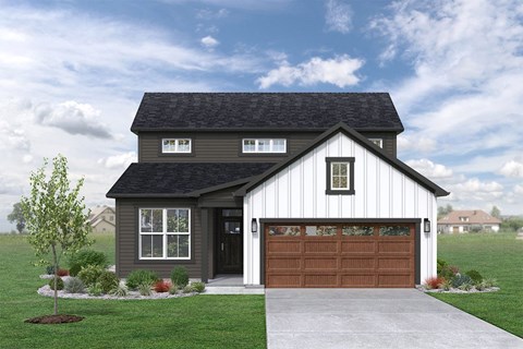 a home with a white and brown exterior and a brown garage door