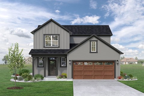 a home with a gray siding and a brown garage door