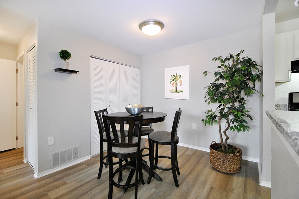 a dining room with a table and chairs and a potted plant