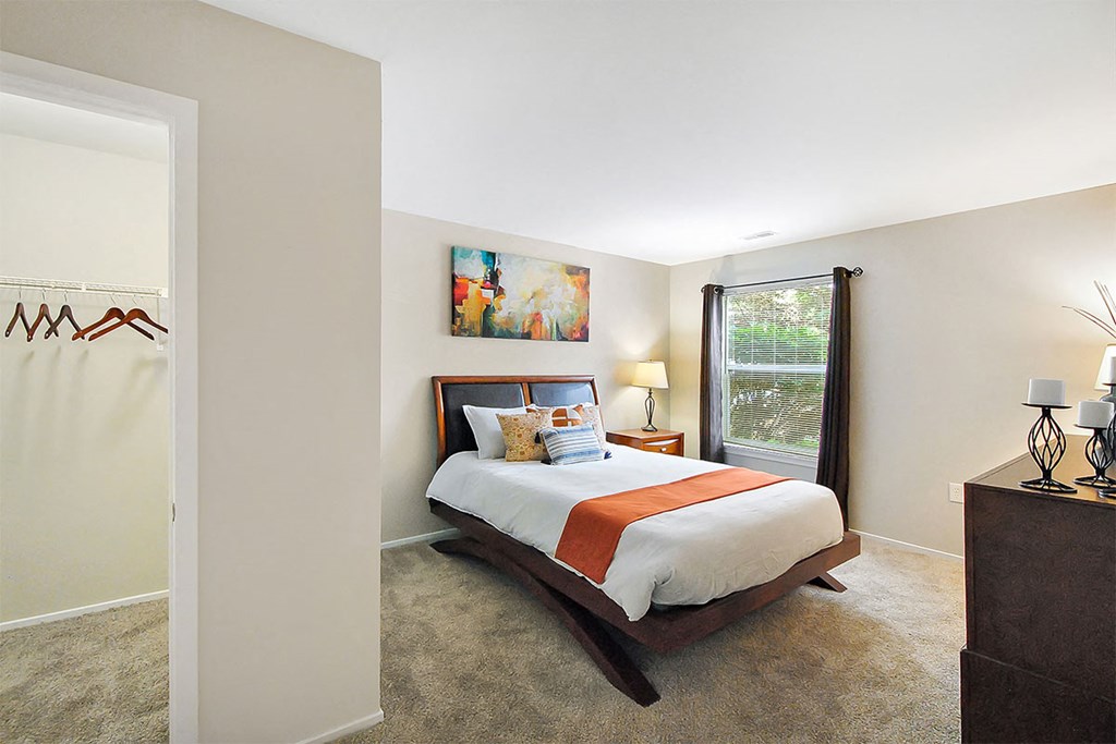 a bedroom with a bed and a closet