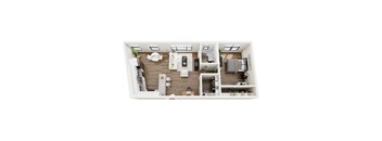 A top-down view of a well-organized apartment with a kitchen, living room, and bedroom.