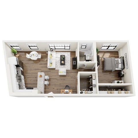 A top-down view of a well-organized apartment with a kitchen, living room, and bedroom.