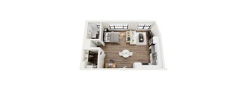 A top-down view of a modern living room with a grey sofa, a coffee table, and a TV.
