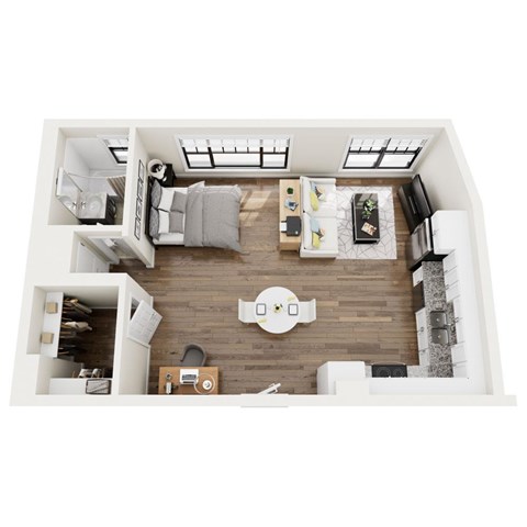 A top-down view of a modern living room with a grey sofa, a coffee table, and a TV.