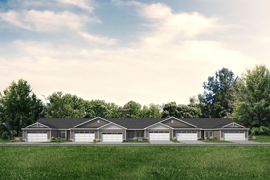 a rendering of a ranch house with white garage doors