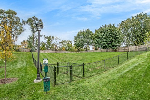 A park with a fence, trees, and a green trash can.