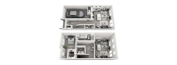 A floor plan of a two-story home with a garage, living room, kitchen, and multiple bathrooms.