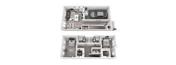 A floor plan of a two-bedroom apartment with a living area, kitchen, dining area, and bathroom.