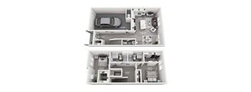 A floor plan of a two-bedroom apartment with a garage.