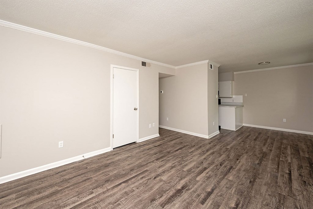 A room with wood flooring and a white door.