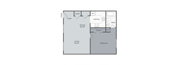 A floor plan of a house with a living room, dining room, kitchen, and bedroom.