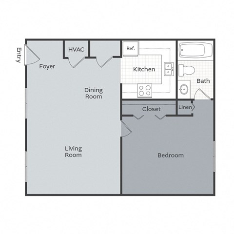 A floor plan of a house with a living room, dining room, kitchen, and bedroom.