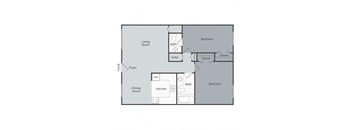 A floor plan of a home with a living room, dining room, kitchen, and two bedrooms.