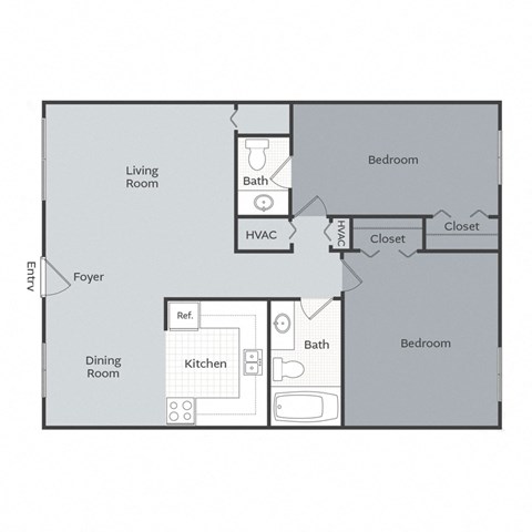A floor plan of a home with a living room, dining room, kitchen, and two bedrooms.