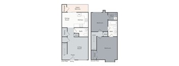 A floor plan of a two-story home with labeled rooms and appliances.