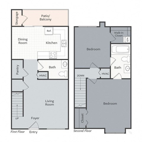 A floor plan of a two-story home with labeled rooms and appliances.