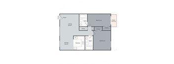 A floor plan of a home with a living room, dining room, kitchen, two bedrooms, a bathroom, and a patio/balcony.