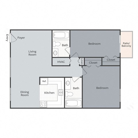 A floor plan of a home with a living room, dining room, kitchen, two bedrooms, a bathroom, and a patio/balcony.