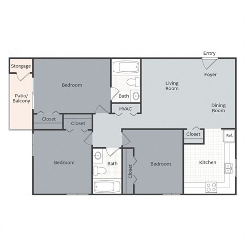 A floor plan of a house with labeled rooms such as Bedroom, Bath, Kitchen, Living Room, Dining Room, Entry, and Foyer.