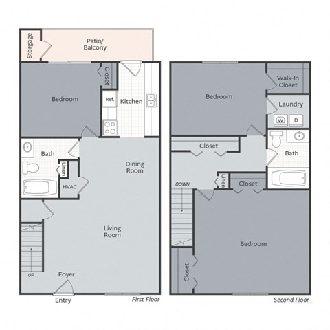 A floor plan of a two-story home with labeled rooms.