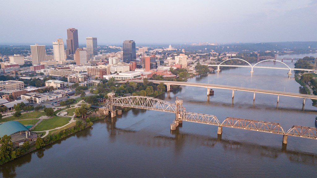 A bridge spans a river in a city with a skyline in the background.