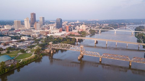 A bridge spans a river in a city with a skyline in the background.