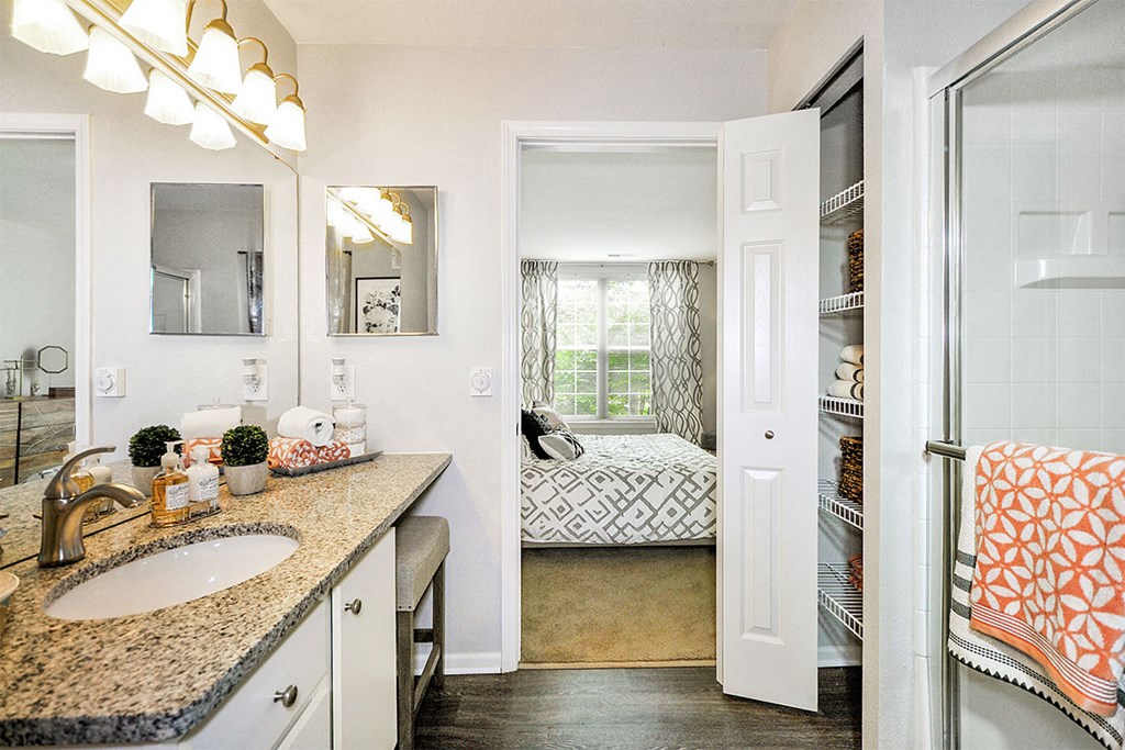 a bathroom with a sink and a mirror and a bedroom