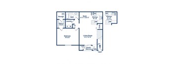 A floor plan of a two-story home with a living room, bedroom, bathroom, and laundry area.
