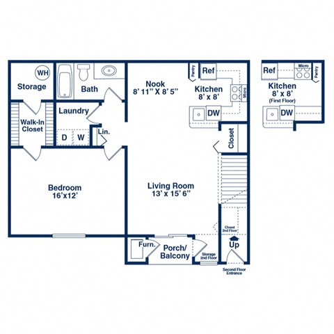 A floor plan of a two-story home with a living room, bedroom, bathroom, and laundry area.