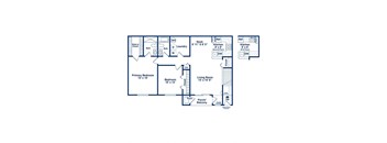 A blueprint of a house layout with a living room, two kitchens, two bathrooms, two bedrooms, a porch/balcony, and a primary bedroom.