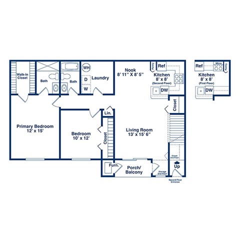 A blueprint of a house layout with a living room, two kitchens, two bathrooms, two bedrooms, a porch/balcony, and a primary bedroom.