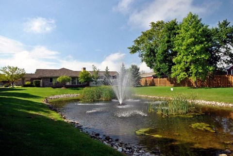 A fountain in the middle of a pond surrounded by grass and trees.