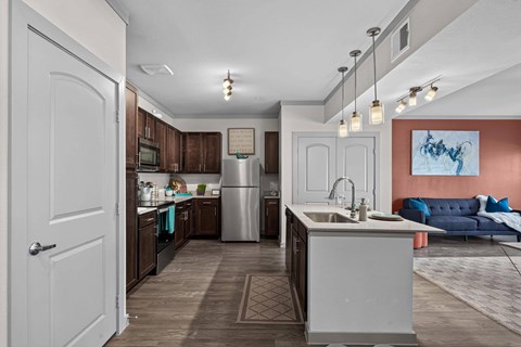 A kitchen with a white door and a white sink.