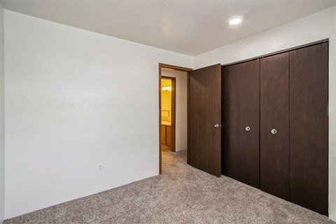 a bedroom with a closet and a door to a bathroom