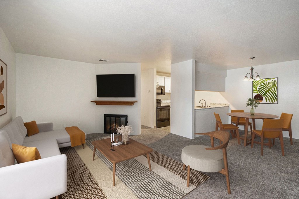 a living room with a couch and a table