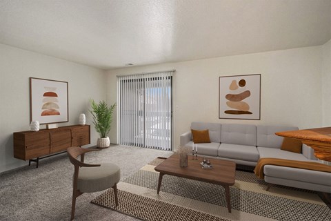 a living room with a couch and a table