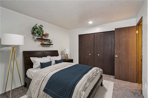 a bedroom with a bed and a closet