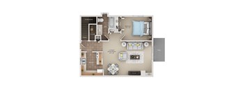 A floor plan of a small apartment with a living room, kitchen, bathroom, and bedroom.